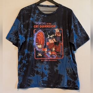 Romwe Portal to the Cat Lady  Dimension Graphic Tee XL Blue Black Tie Dye Shirt
